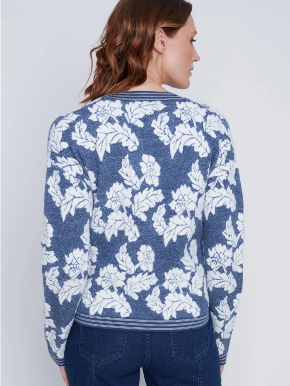 Coco Y Club Blue and White Floral V-Neck Cardigan with Pearl Buttons - Picture 3 of 7